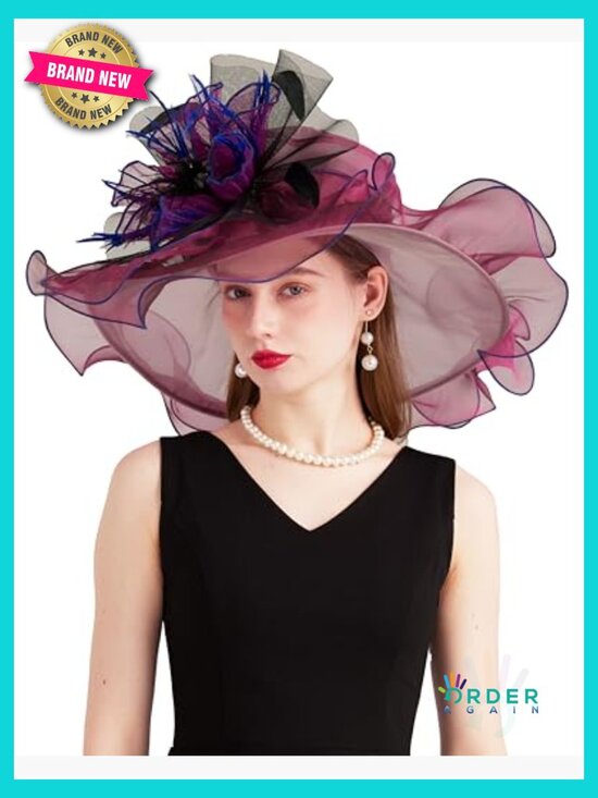 Organza Fascinator Hat Floral Wide Brim Church Wedding Tea Party Headpiece main image 5
